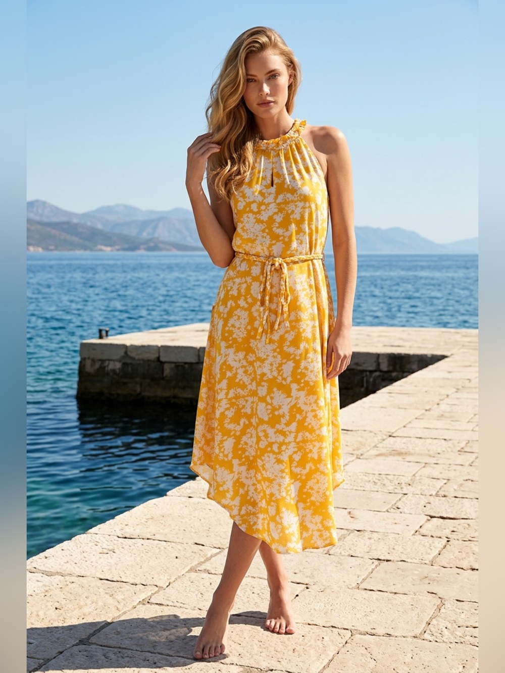 Ramy Brook Jolie Dress Yellow and White Floral Halter Dress NWOT